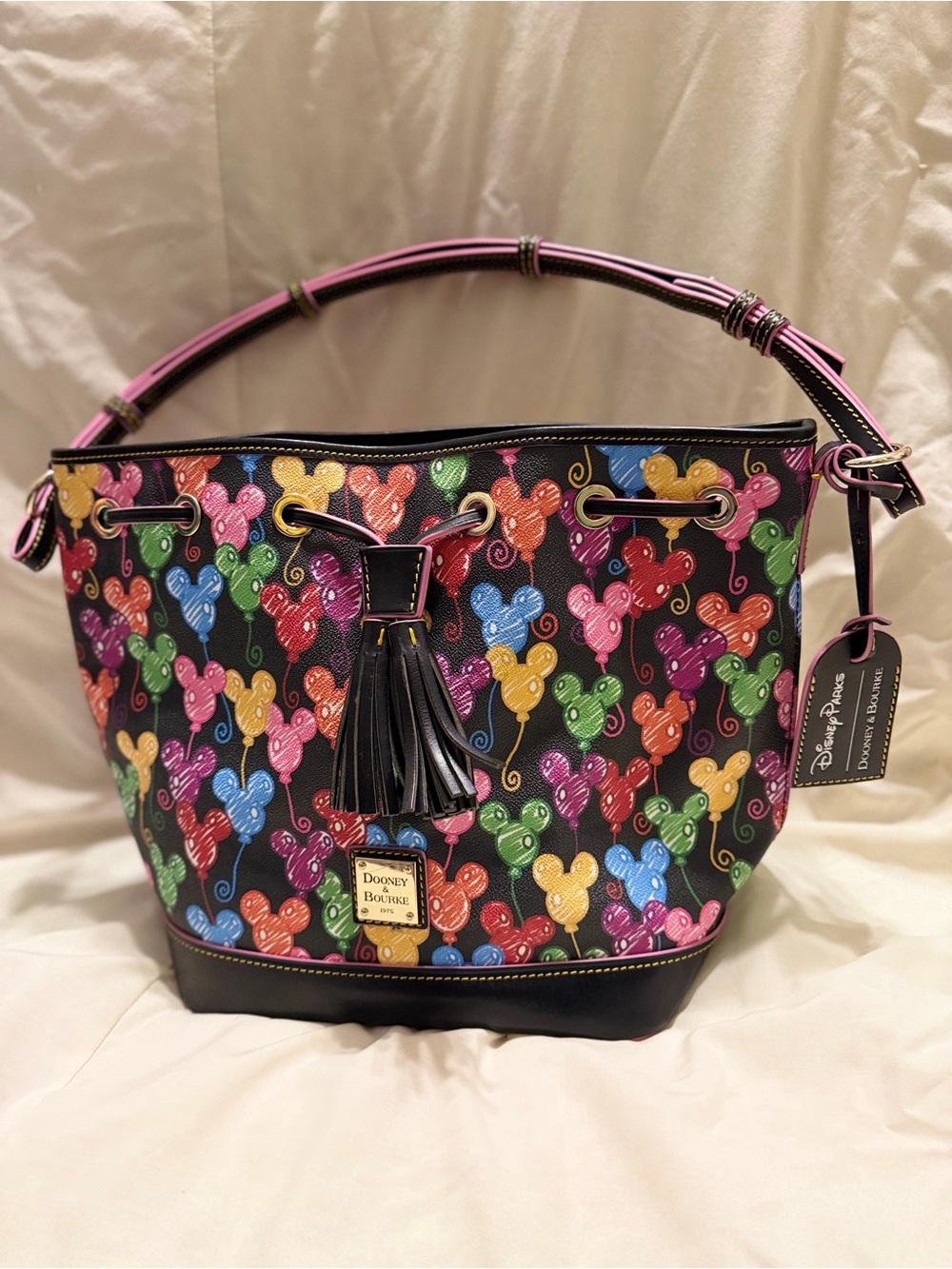 Dooney & Bourke Black Multicolor Mickey Balloon Print Bucket Bag with Pink Trim